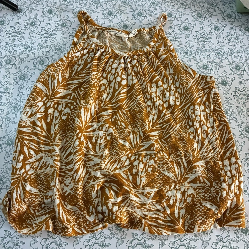 Christian Siriano Ochre and White Tropical Blouse 100% Linen Large